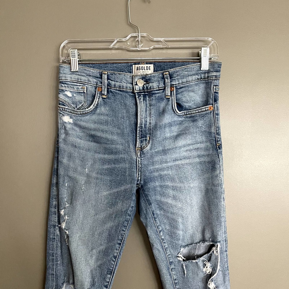 Agolde Sophie Distressed High Waist Skinny Jean Sz 27 High Rise Medium Blue Wash - Picture 6 of 16